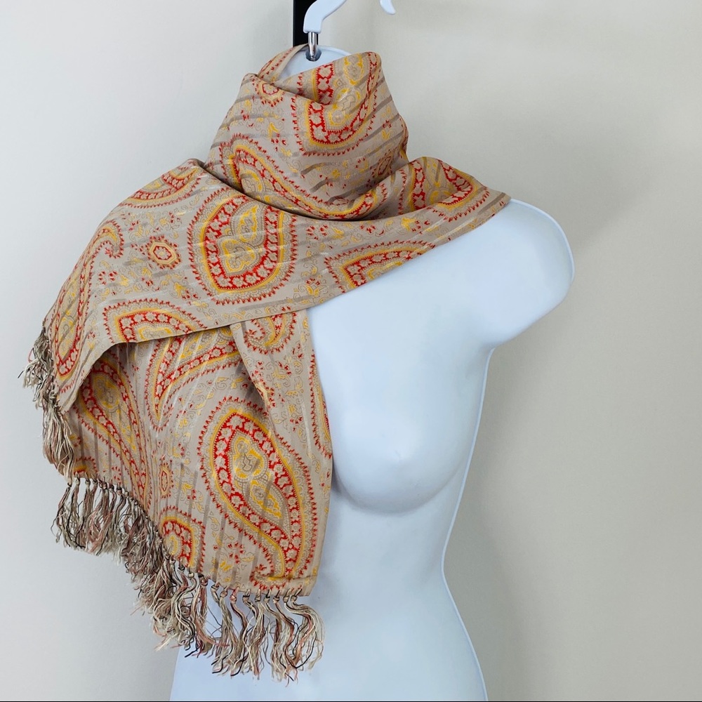 Vintage Silk Paisley Scarf with Fringe Tassel Edge